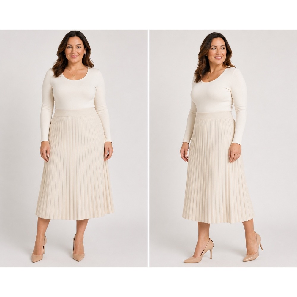 Chaus Vintage Cream Knit Pleated Midi Skirt Ivory Accordion‎ High Waist Large